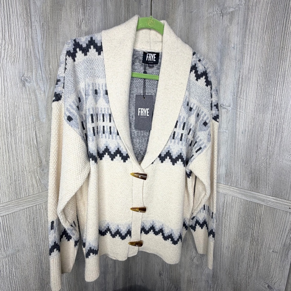 FRYE Women's Cream and Gray Shawl Collar Toggle Cardigan Sweater